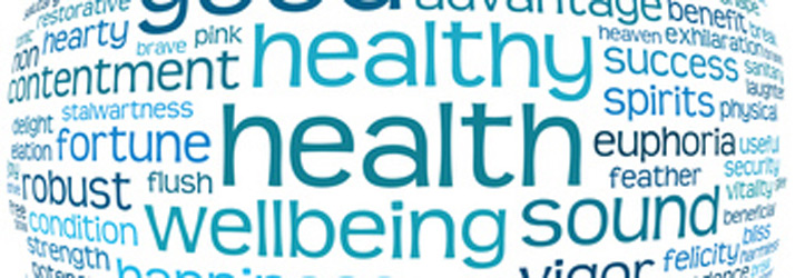 Blue word cloud featuring terms like health, wellbeing, and sound, illustrating how a Medway chiropractor can help restore overall wellness.